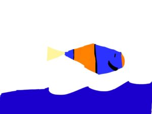 A computer image of the blue and red striped fish from the story, The Very Brave Little Fish.