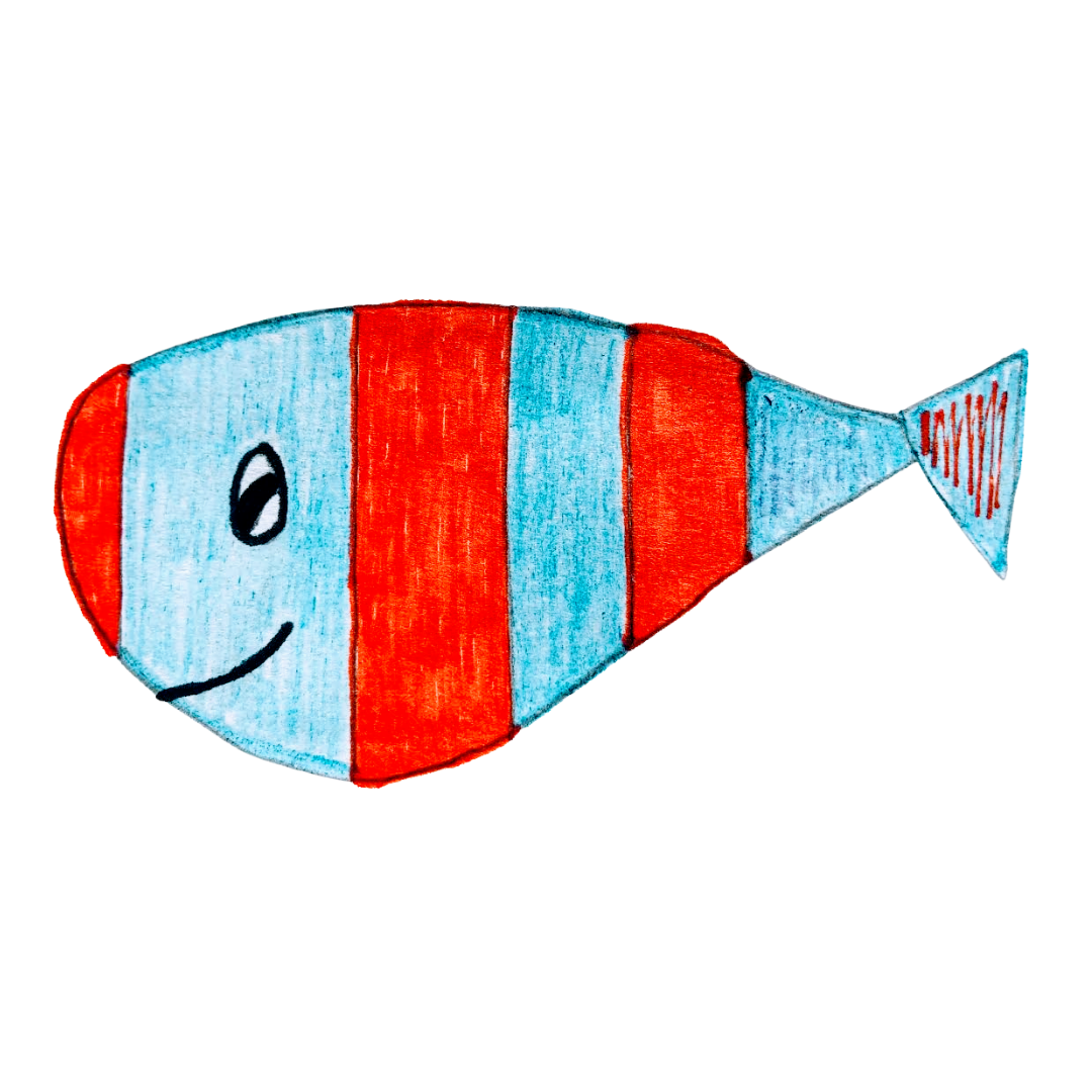 A blue and red striped fish for the children's story, The Very Brave Little Fish.