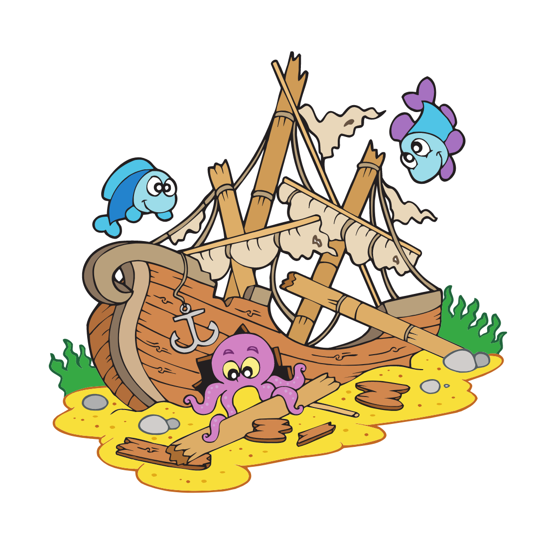  A cartoon looking shipwreck with little ocean animals swimming in and out of it.