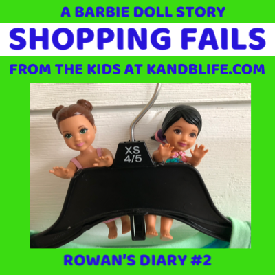 2 Barbies hanging from a hanger for the Barbie Doll Story, Shopping Fails. It's a blue and lime green cover.