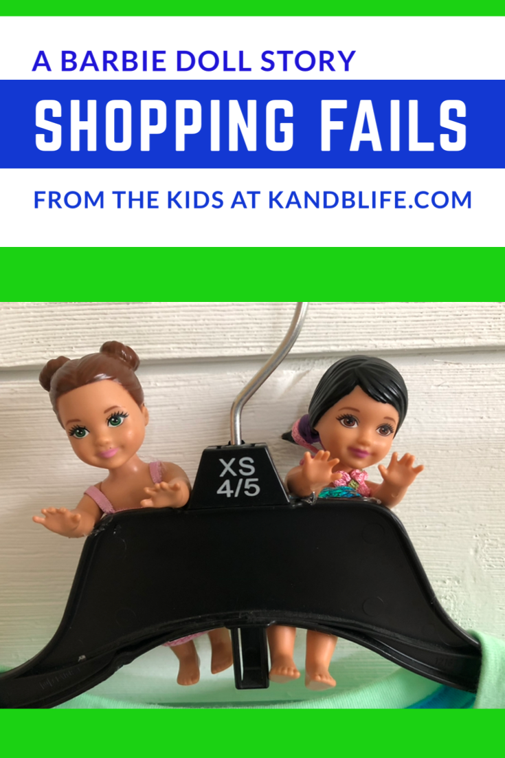 2 little barbie dolls hanging on a hanger for the barbie doll story, Shopping Fails.