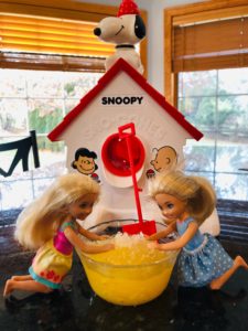 Snoopy Snow Cone Machine and 2 Barbies eating a snow cone for the Barbie Story.