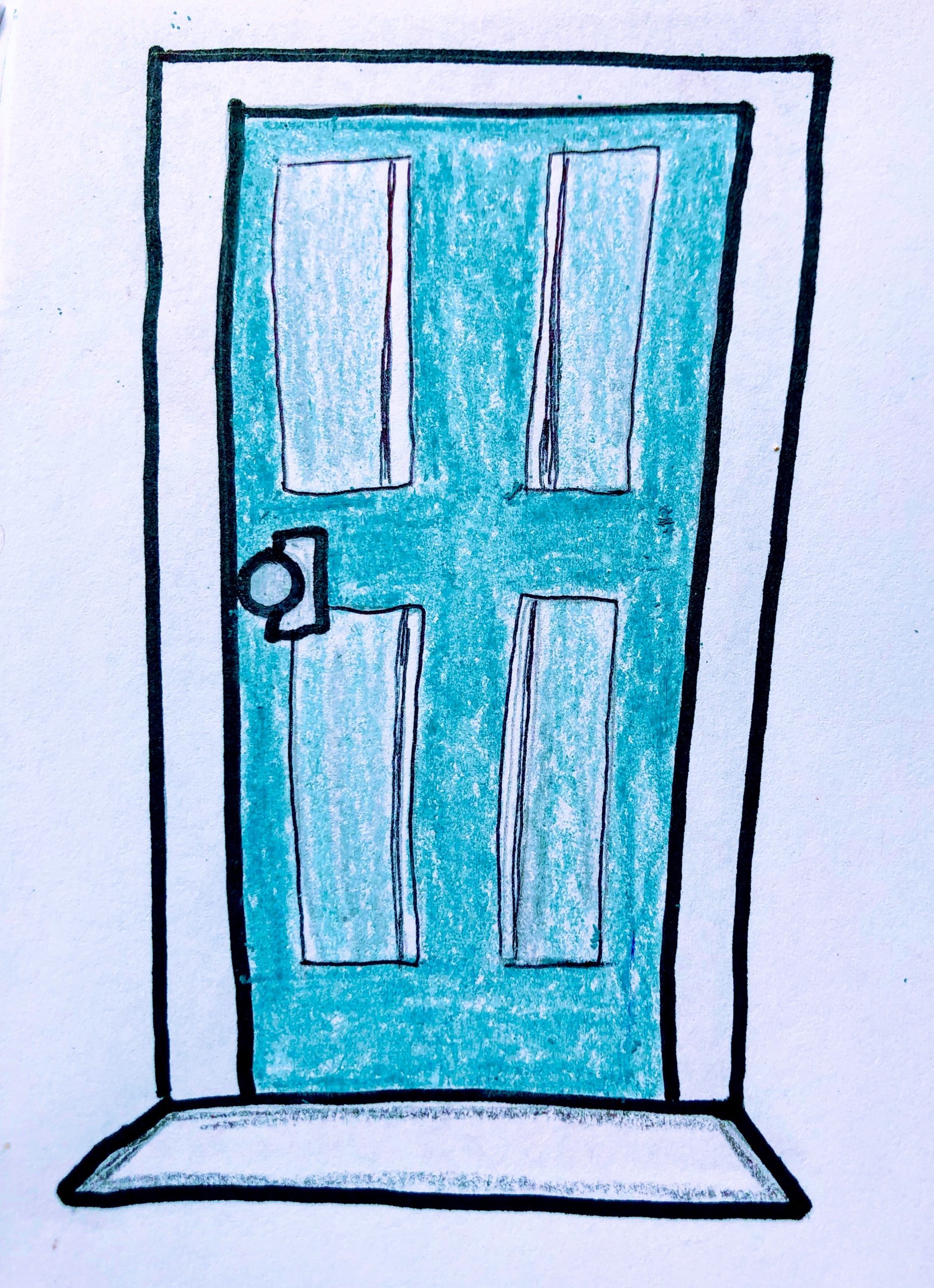 A teal blue door, closed, for the children's story The Night I got Locked in the Bathroom.