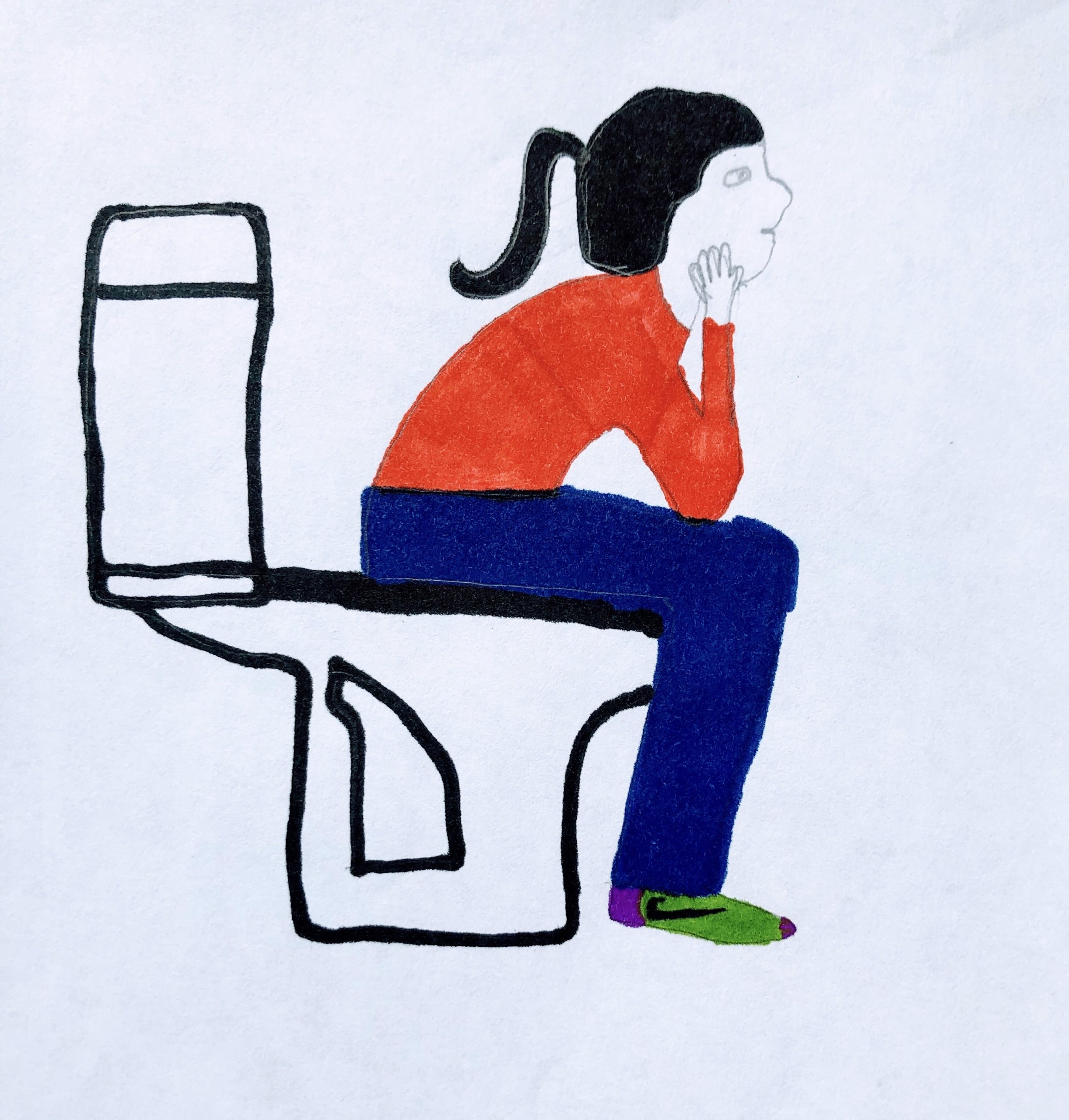 Drawing of a dark haired girl with blue pants and a red shirt, sitting on a toilet thinking in the children's story, The Night I Got Locked in the Bathroom.