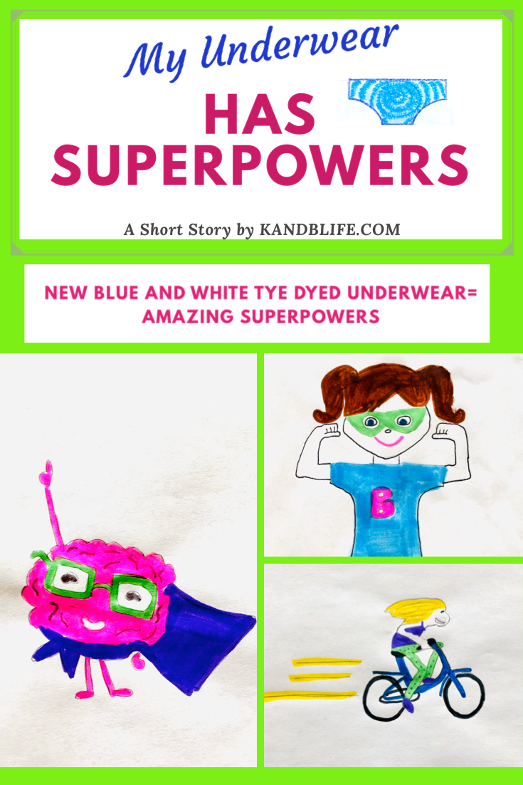 Drawings of a girl on a bike, a super brain and a girl with pigtails flexing for the children's story, My Underwear Has Superpowers.