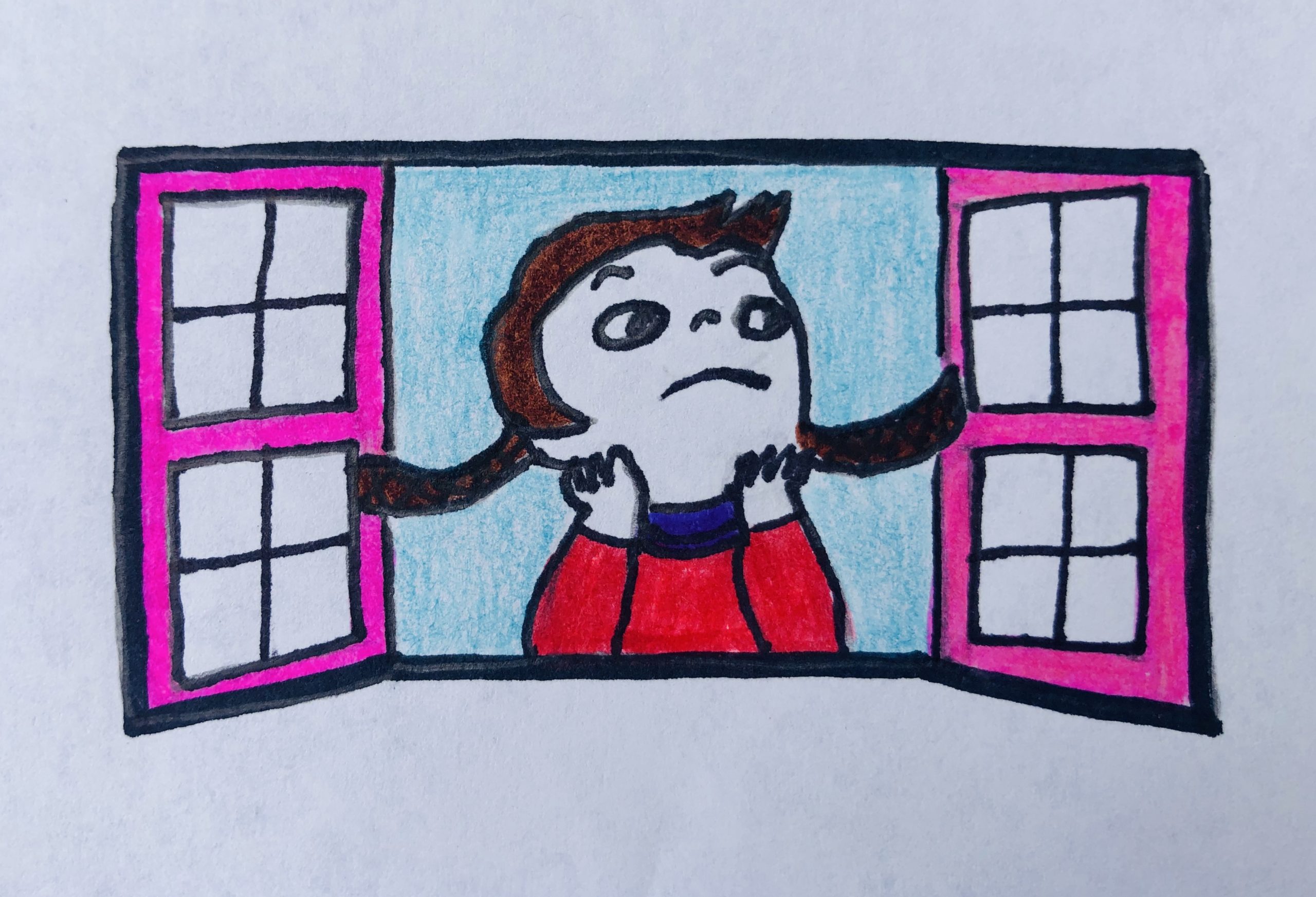 Drawing of a sad little girl looking out her window. She has a red and blue sweater on and her hands are under her chin. It's from the Rainbow in Winter, a Children's Story.