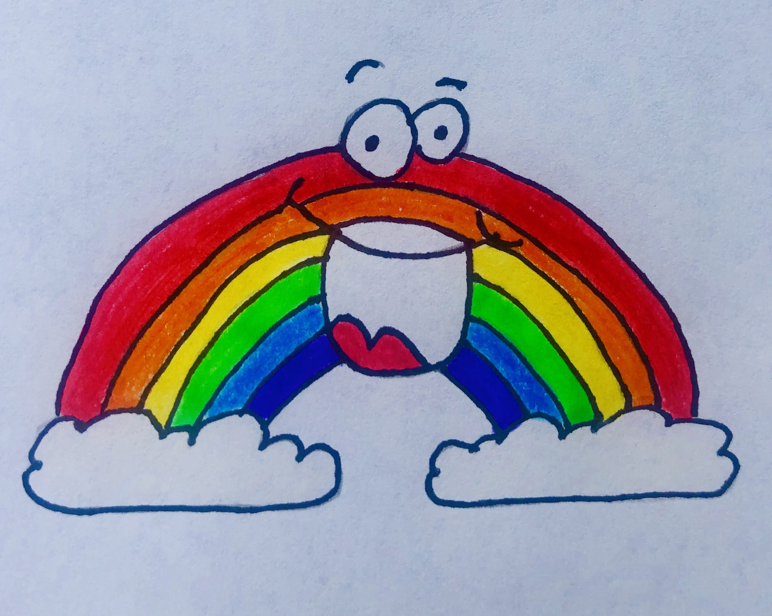 Drawing of a bright, colorful rainbow between 2 clouds with a huge smile on its face, from a children's story Rainbow in Winter.