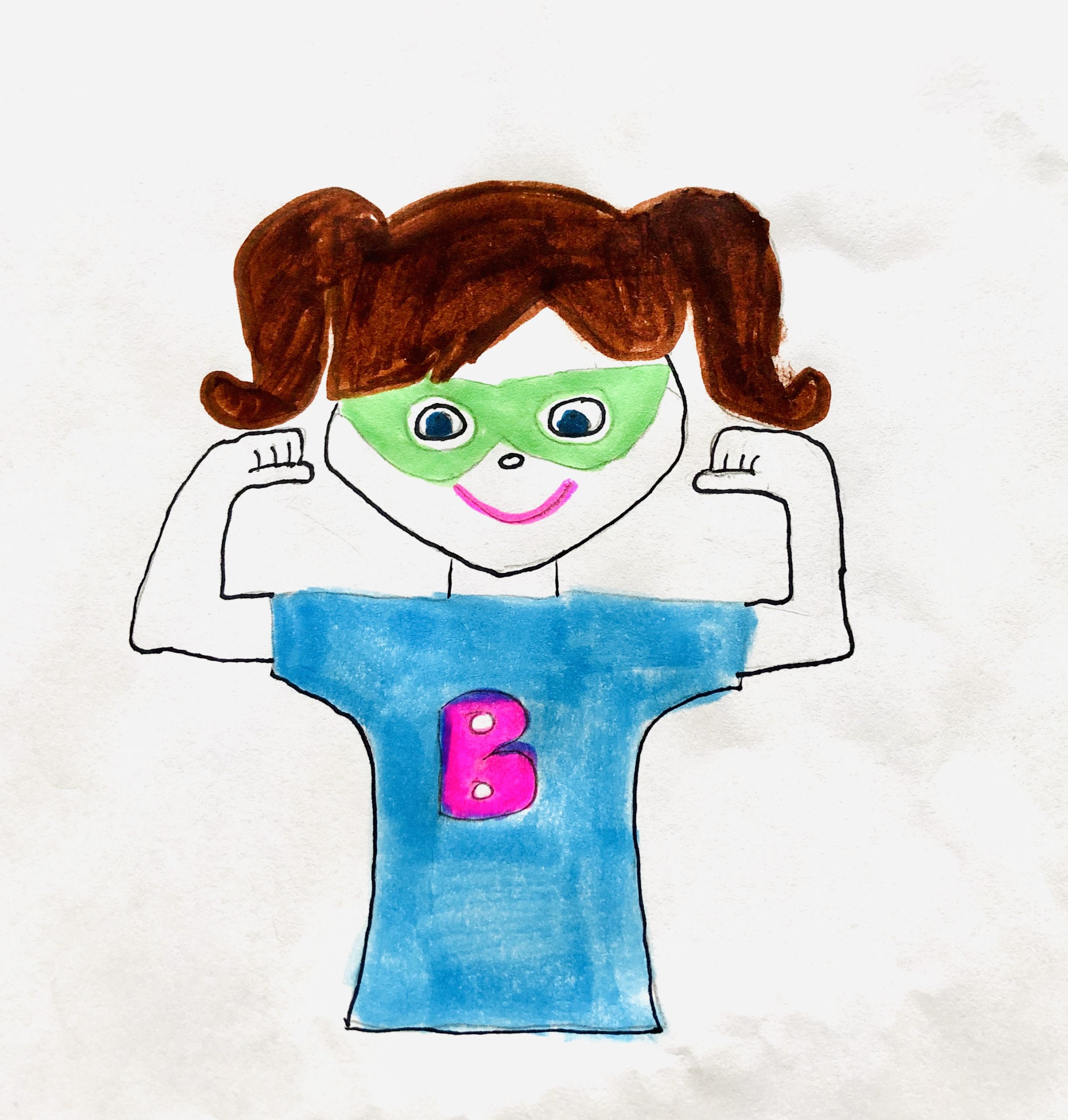 A girl in a blue t-shirt and a green eye mask, flexing her muscles like a superhero for the story for kids, My Underwear has Superpowers.
