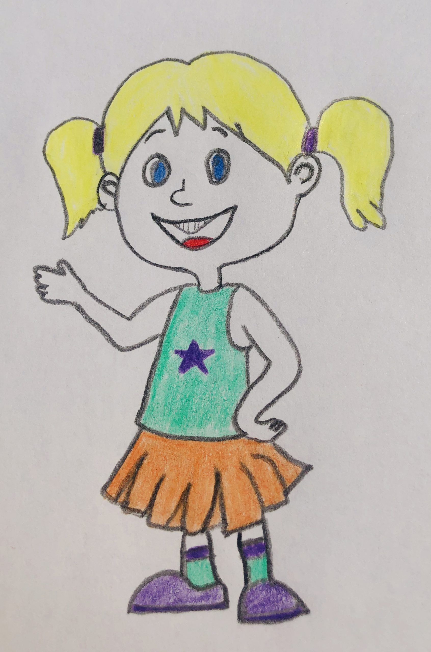 A picture of a pig-tailed blonde haired girl who is Hannah in the story, The Case of the Missing Easter egg. She is wearing a teal tank top, an orange skirt and purple tennis shoes. 