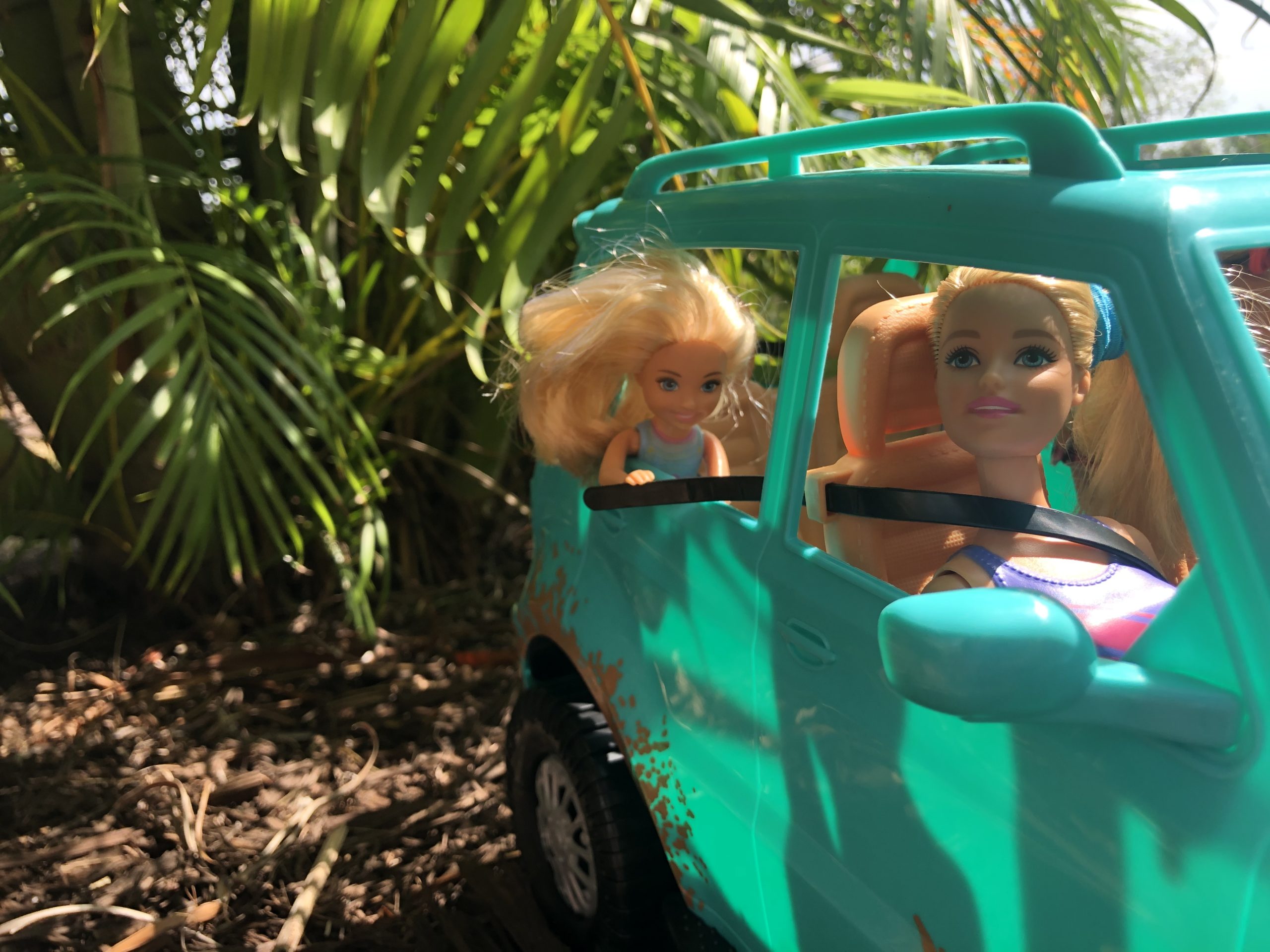 In the teal Barbie Jeep, Barbie is looking out the passenger window and Chelsea is looking out the back window.