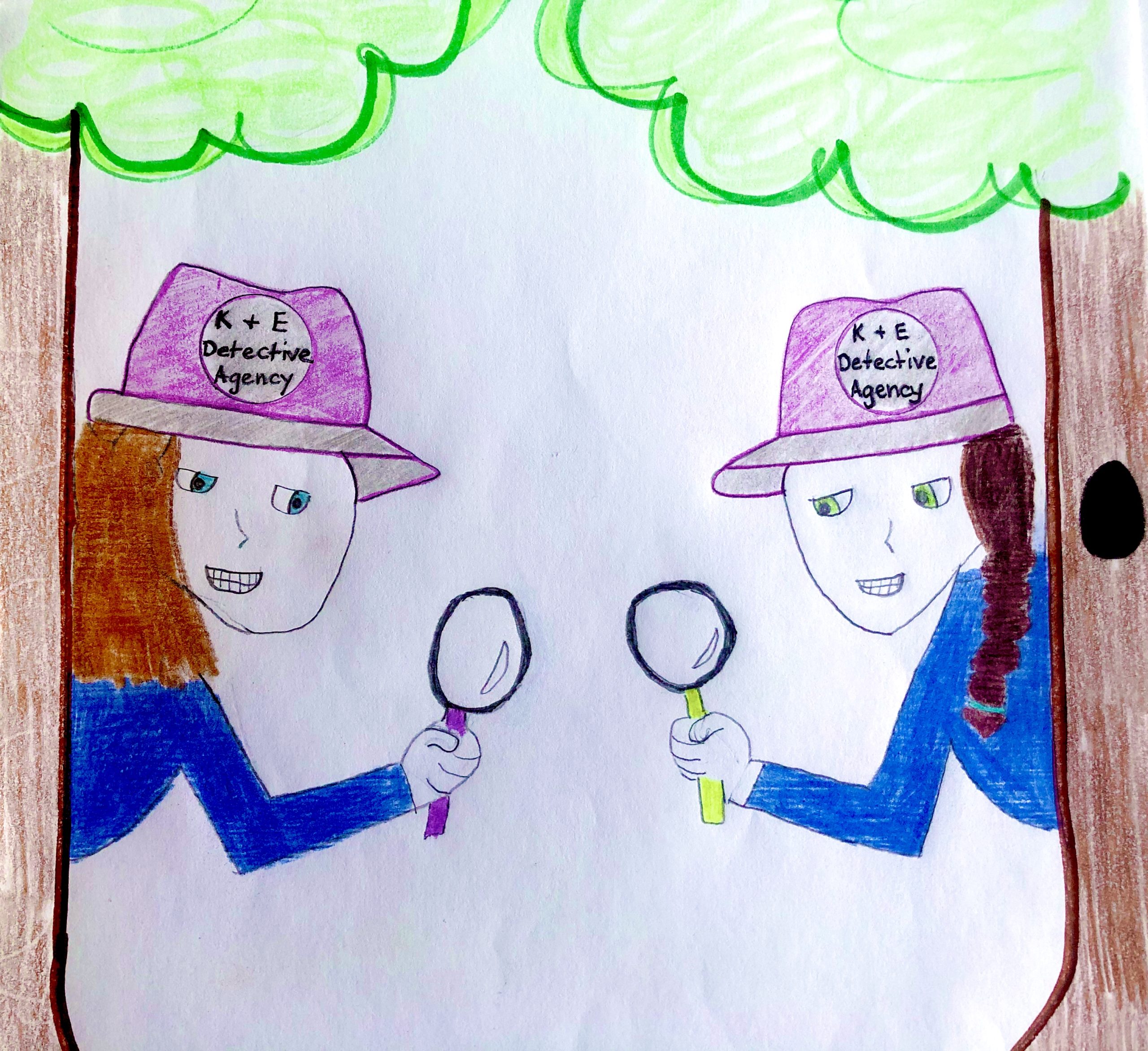 The Detectives Kinley and Ella hiding behind 2 trees with magnifying glasses in their hands. They're wearing matching blue, long sleeved shirts and purple detective hats with the logo K & E Detective Agency on it.