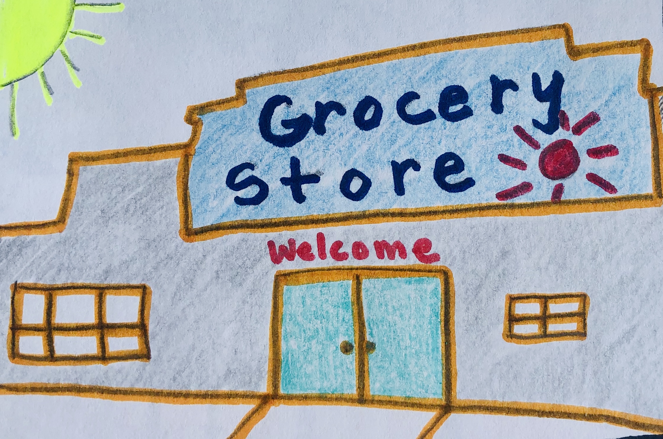 A drawing of a grocery store. 