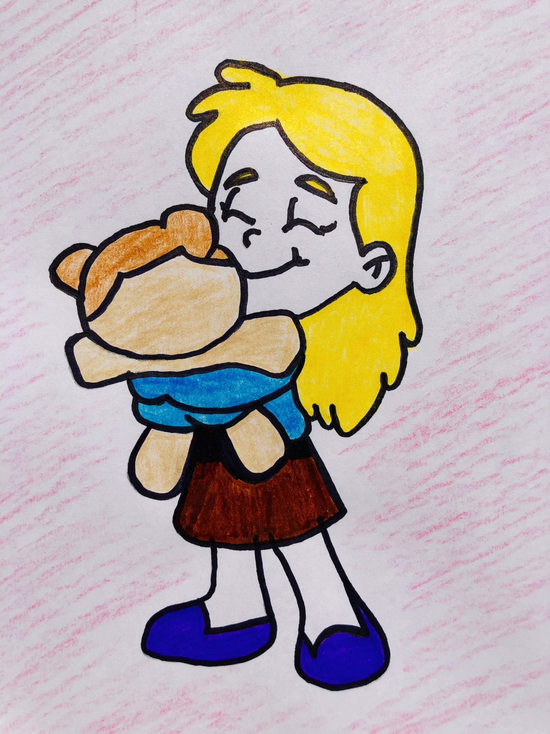 Drawing of a blonde girl hugging a Pomeranian stuffed animal dog. Big smile on her face. From the Case of the Stolen Stuffy-A mystery Story for Kids.