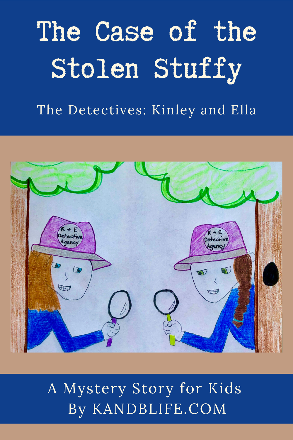 Blue and beige cover of The Case of the Stolen Stuffy. 2 girls, both wearing blue shirts are holding magnifying glasses.