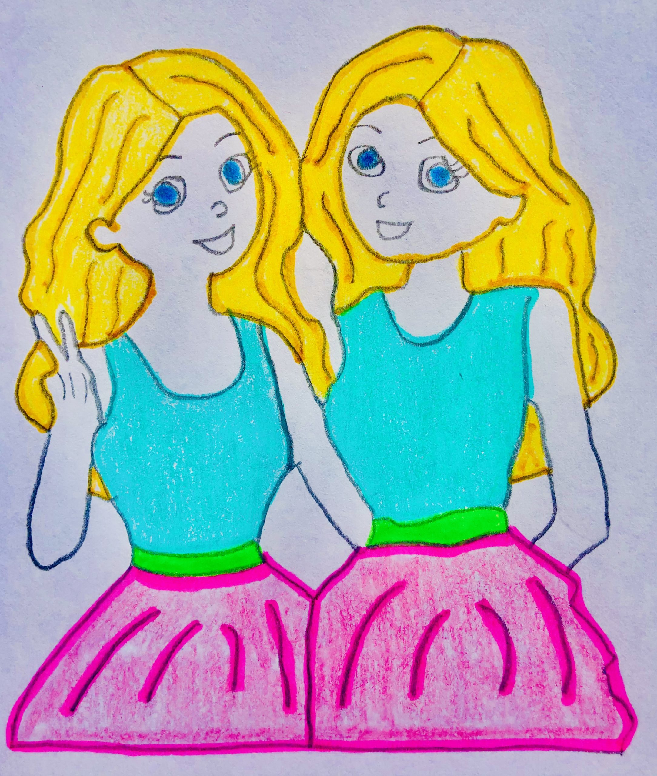 Blonde haired Twins hugging. They have matching teal tank tops and pink skirts on. Short Story for kids, Is that Me?