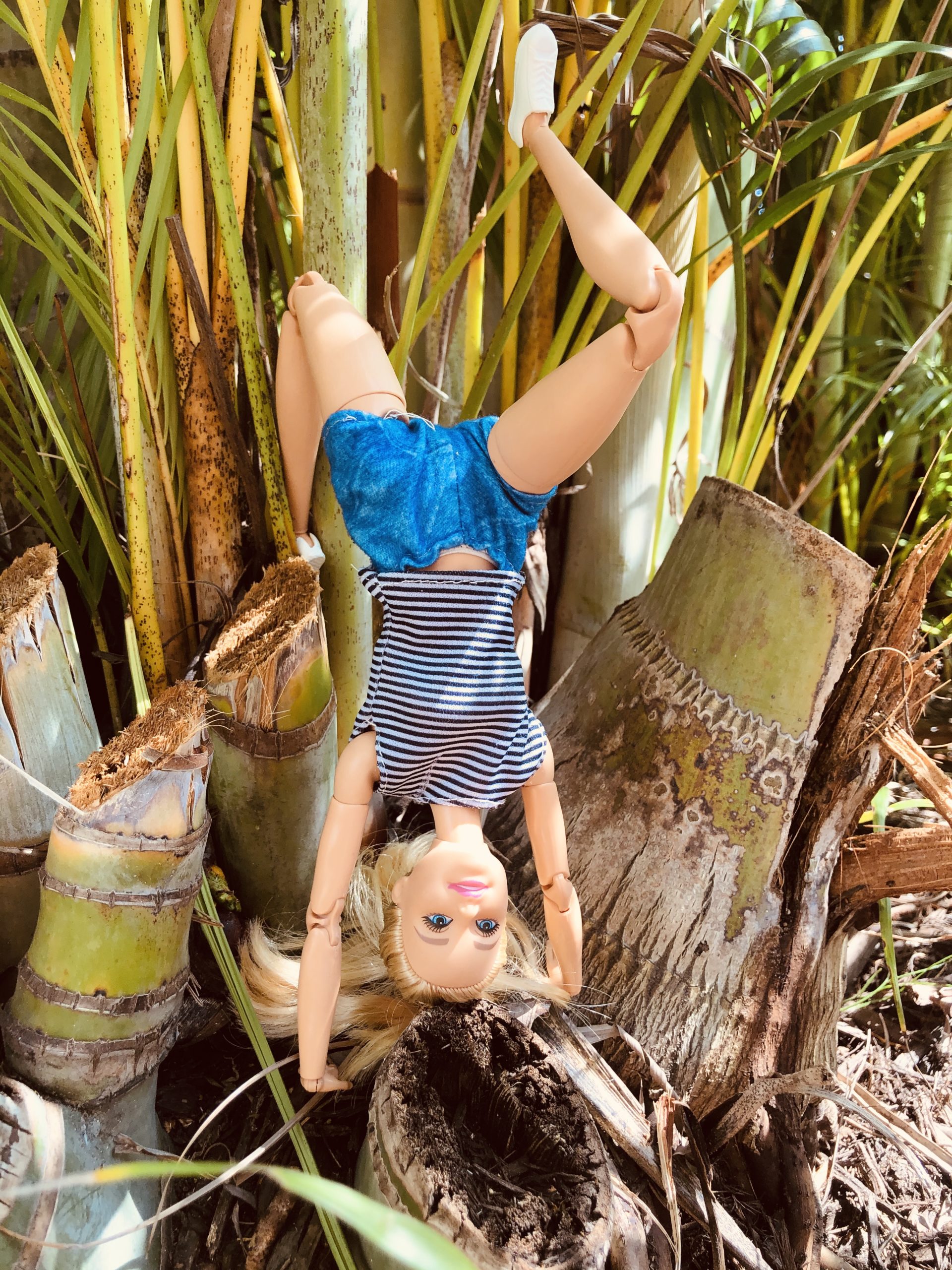 A Barbie, with blue shorts and a blue and white striped shirt, standing on her head in the Barbie Story for kids, Hiking in Costa Rica.