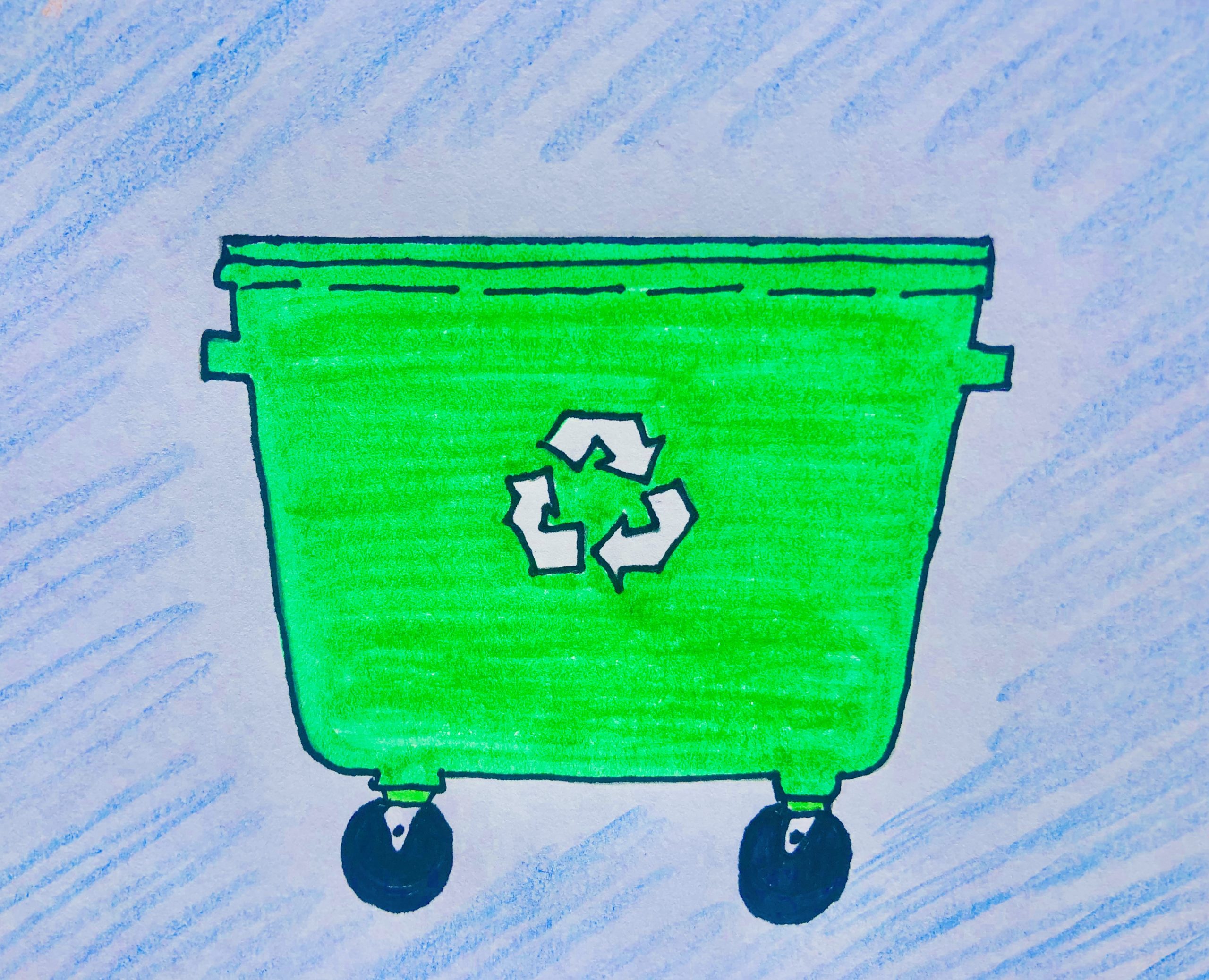 Drawing of a green recycling bin on two wheels with a blue background, from the mystery story for kids called The Case of the Stolen Stuffy.