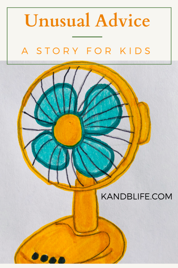 Unusual Advice, a story for kids, book cover. Orange fan with teal blades.