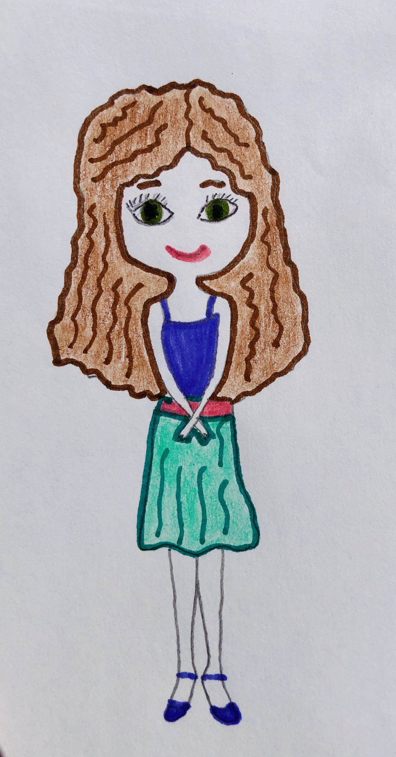 Brown, curly haired girl with a teal skirt and blue tank top on, in the story for kids, Unusual Advice.