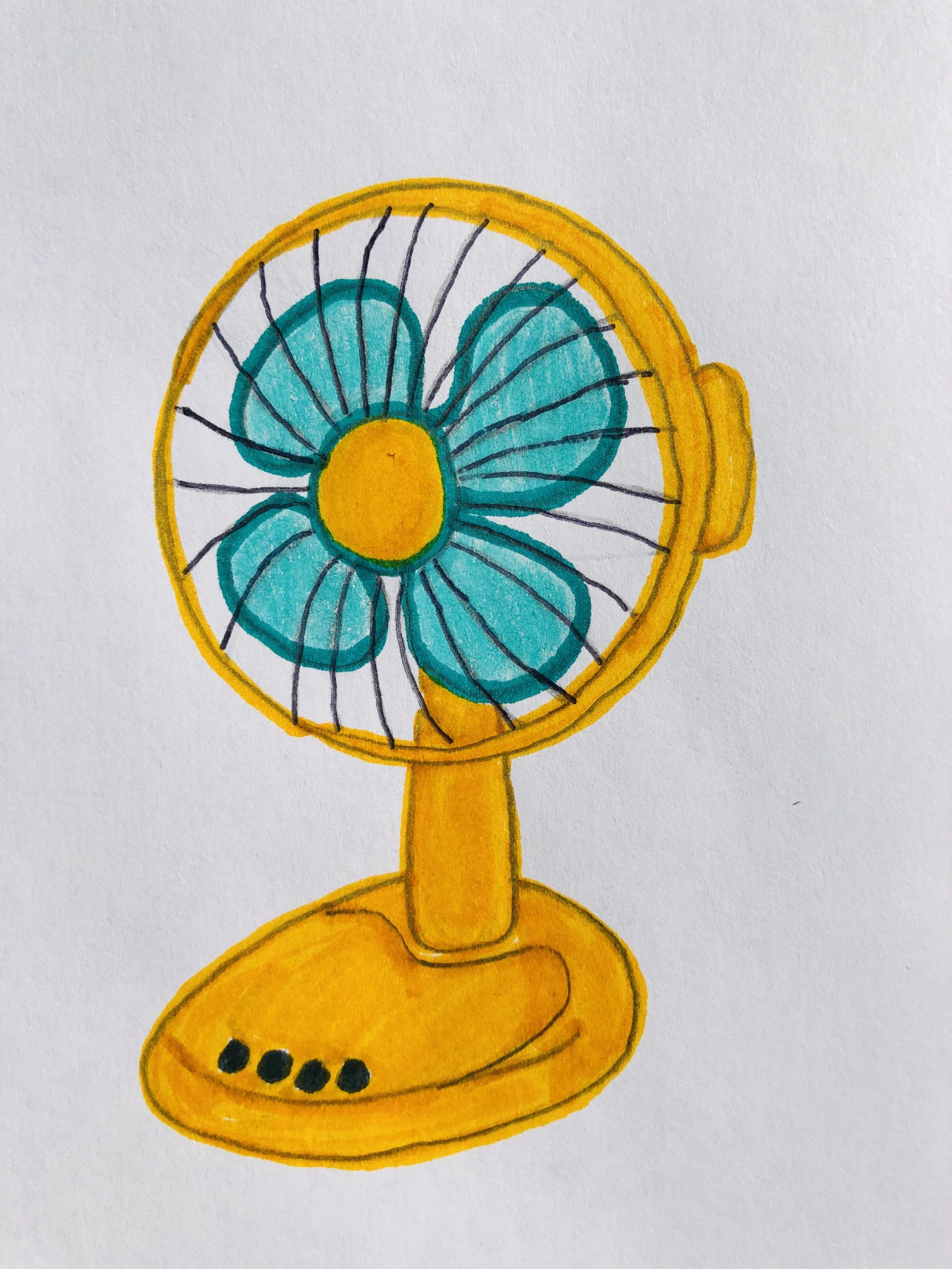 An orange fan with teal blades.