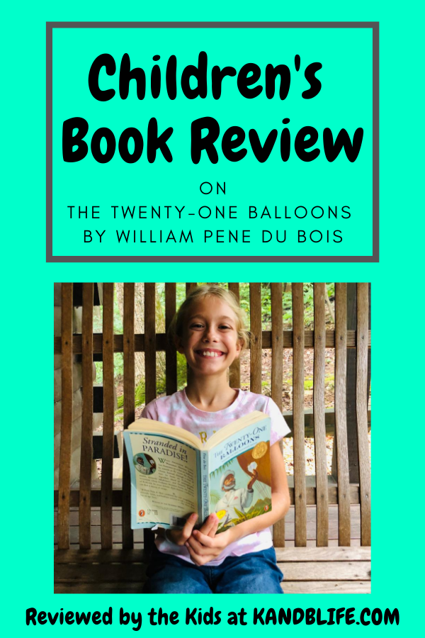 Teal background for the Children's Book Review. Little girl is smiling at the camera holding the book The Twenty-One Balloons.