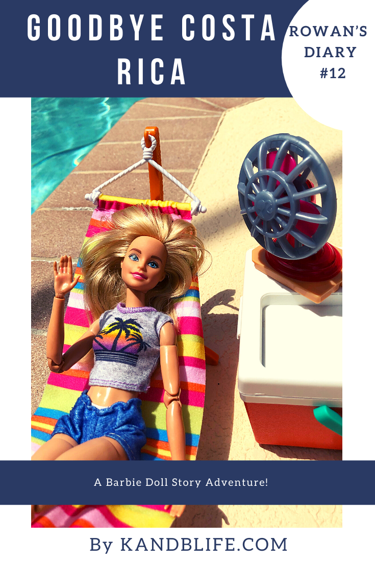 Blue cover for the Bardie Doll Story, Goodbye Costa Rica. Picture of a Barbie laying in a hammock.