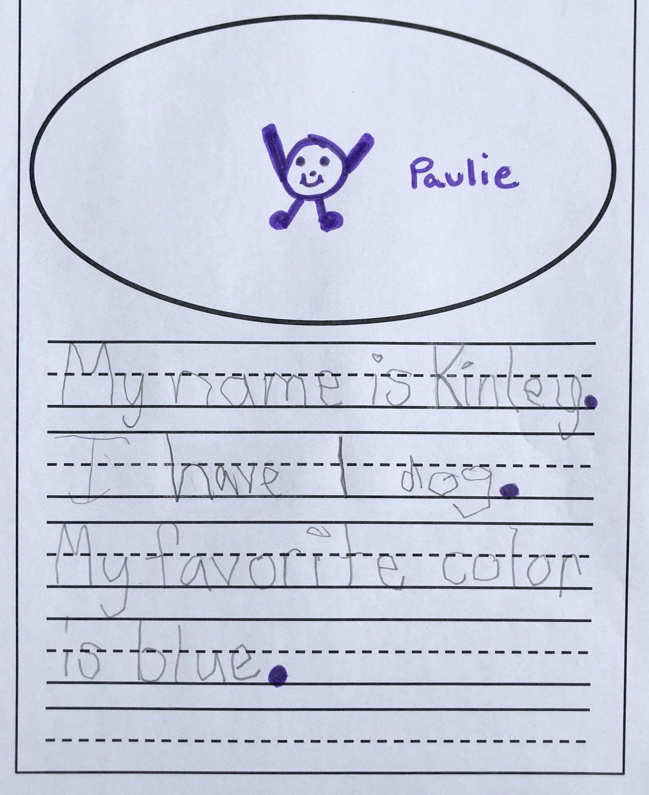 A purple character, Paulie, for the punctuation story book, I Want to be an Exclamation Point!