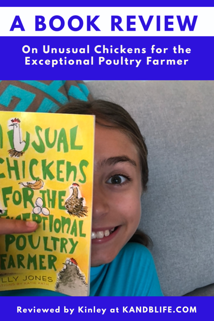 A girl peeking out from a book, smiling, for the Book Review for Unusual chickens for the Exceptional Poultry Farmer