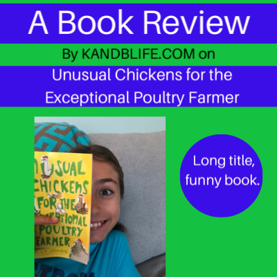 Lime green and blue lettering for the book review on Unusual Chickens for the Exceptional Poultry Farmer.