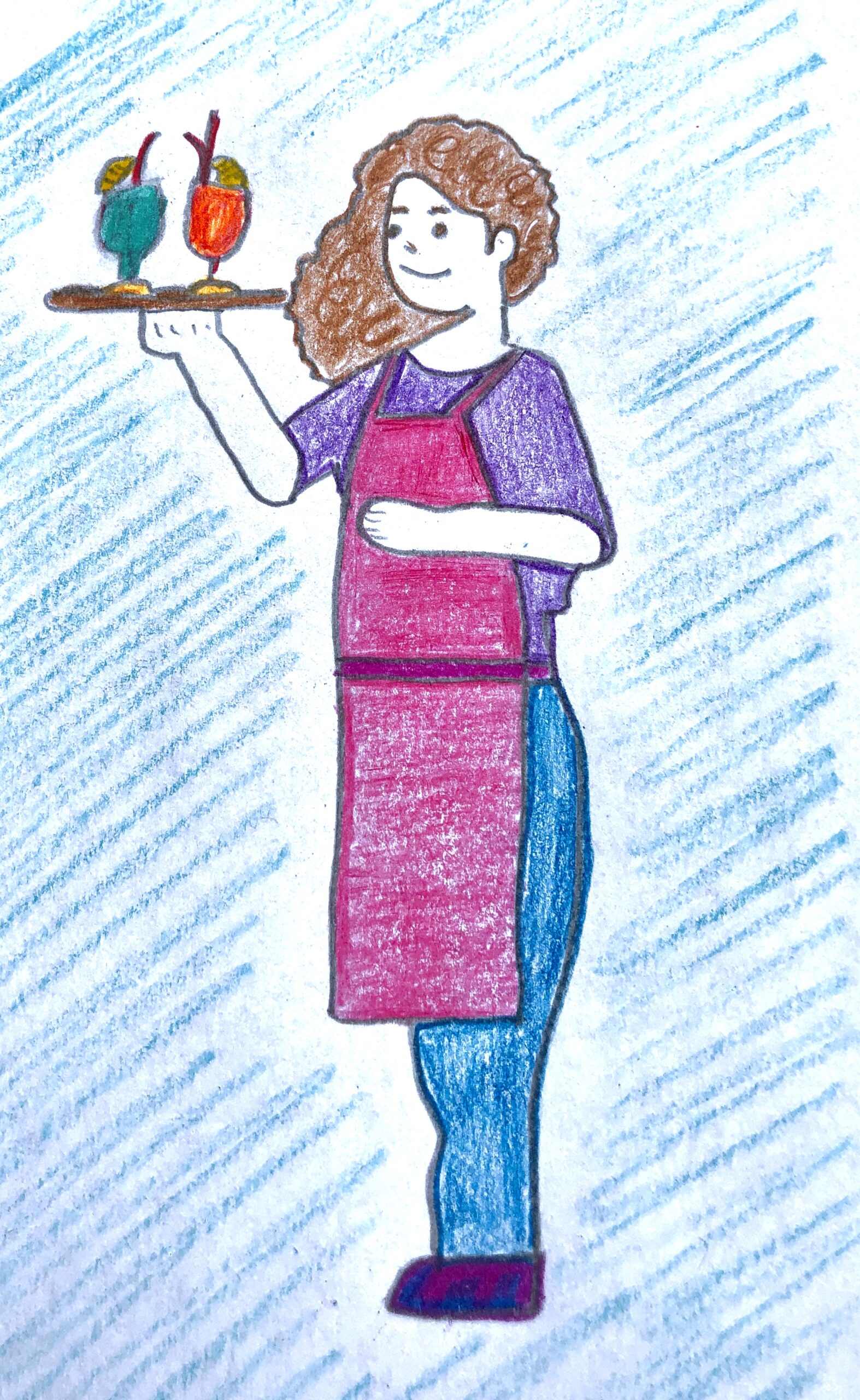 Drawing of a waitress carrying 2 fruity, colorful drinks for the mystery story.