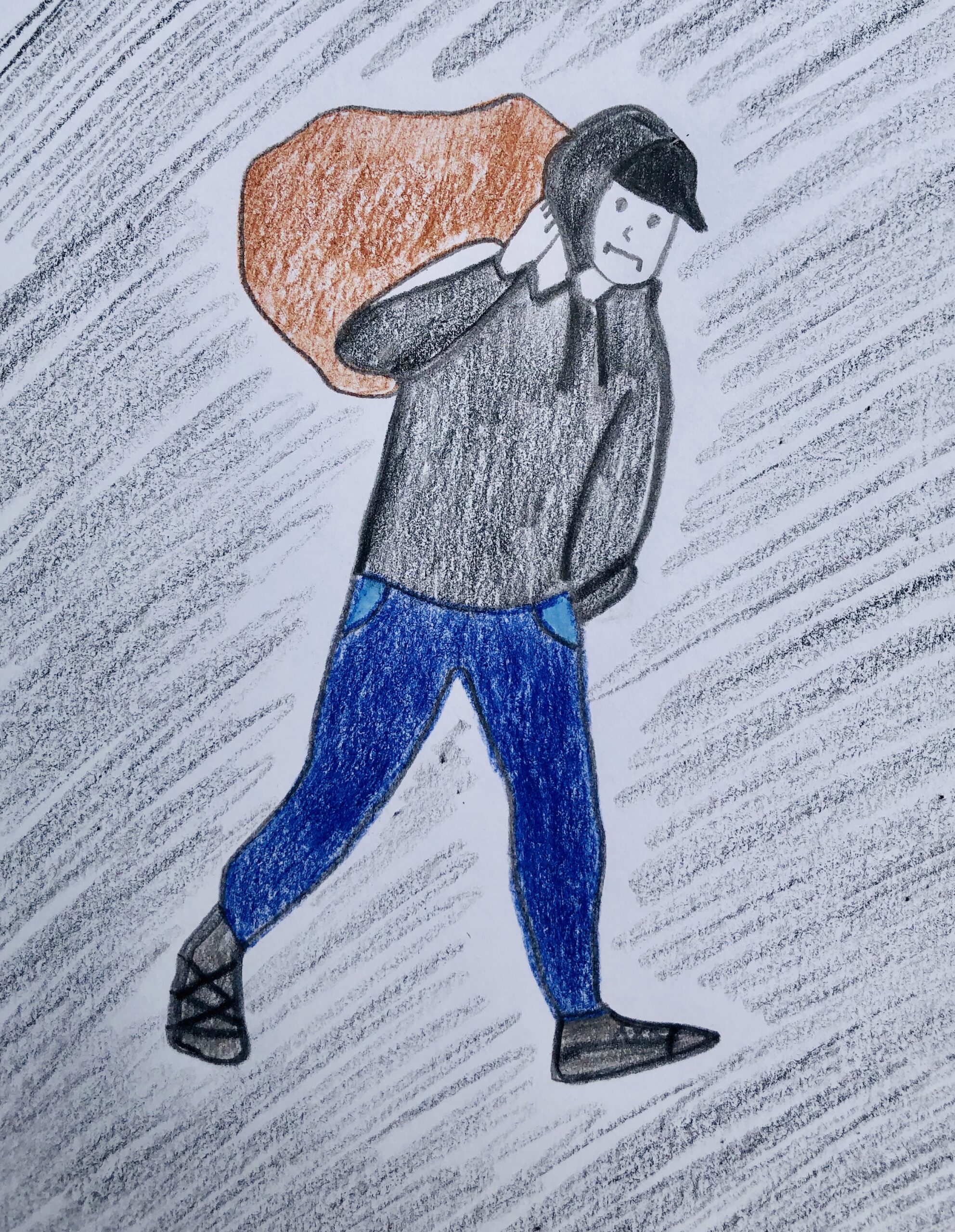 Colored pencil drawing of a boy, blue pants and black sweatshirt, carrying a brown sack for the mystery story, The Case of the Missing chips. 