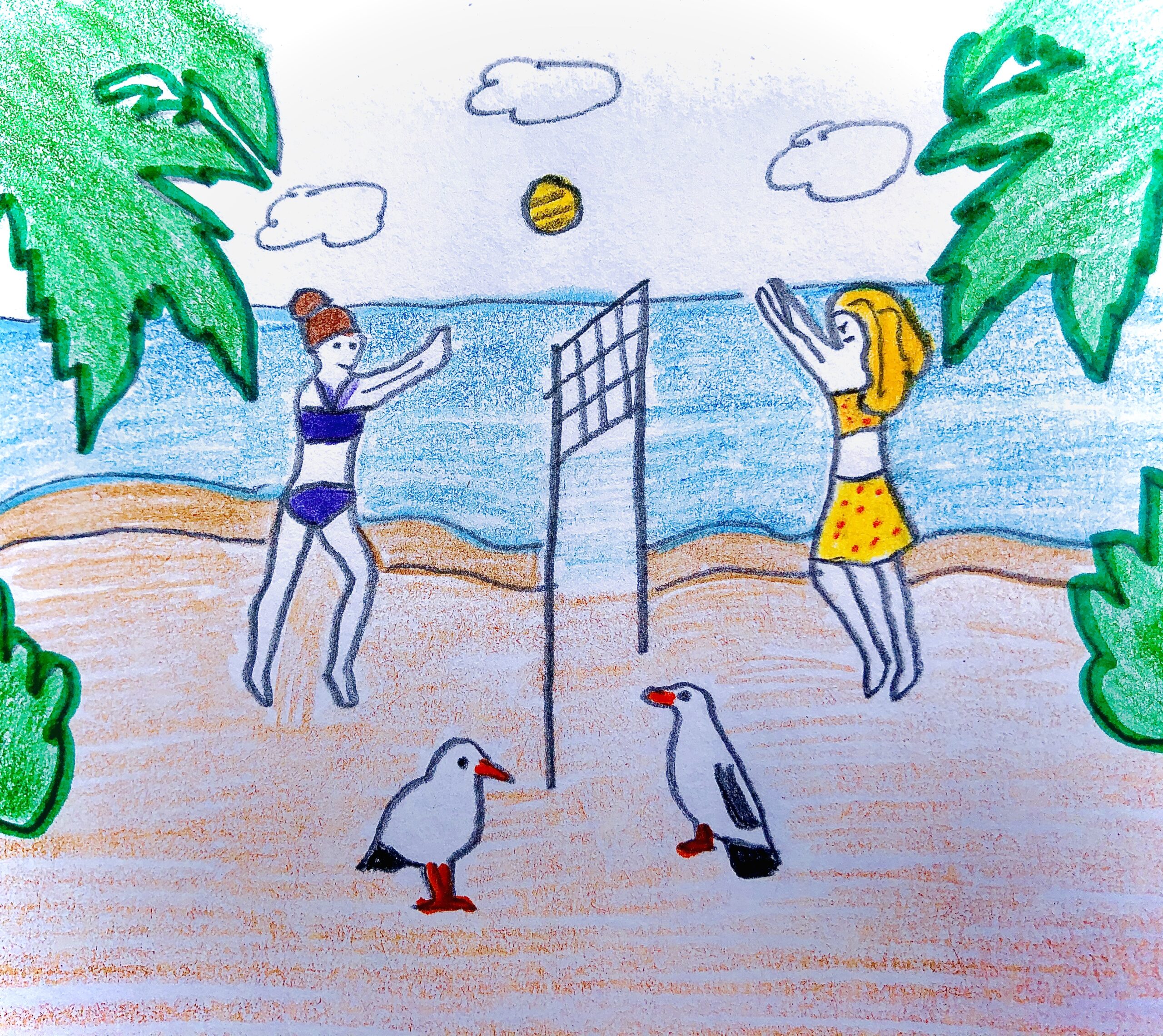 Drawing of a 2 girls playing volleyball on the beach for the mystery story, the Case of the Missing Chips.