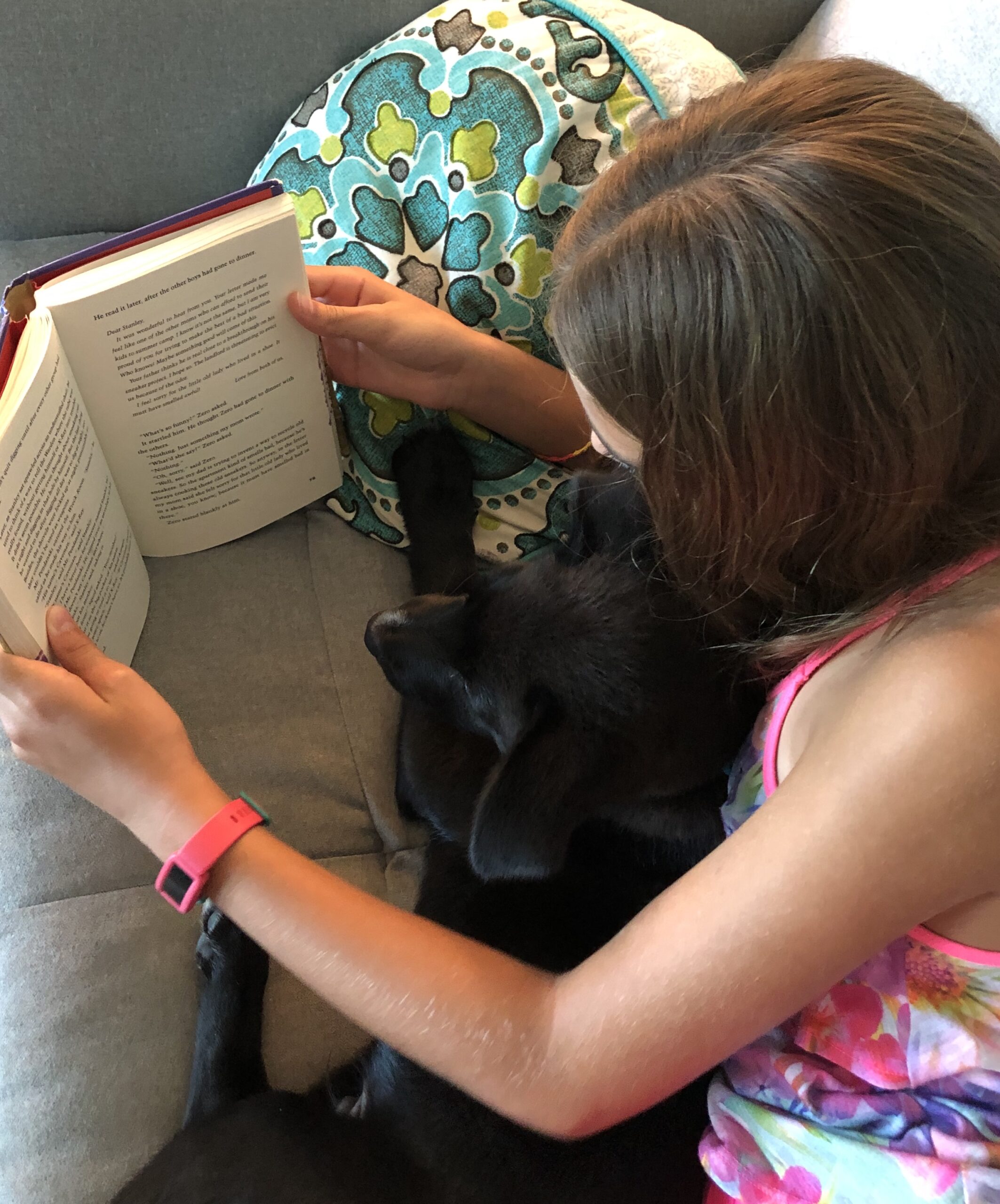 Girl reading Holes with her dog. for the book review on it.