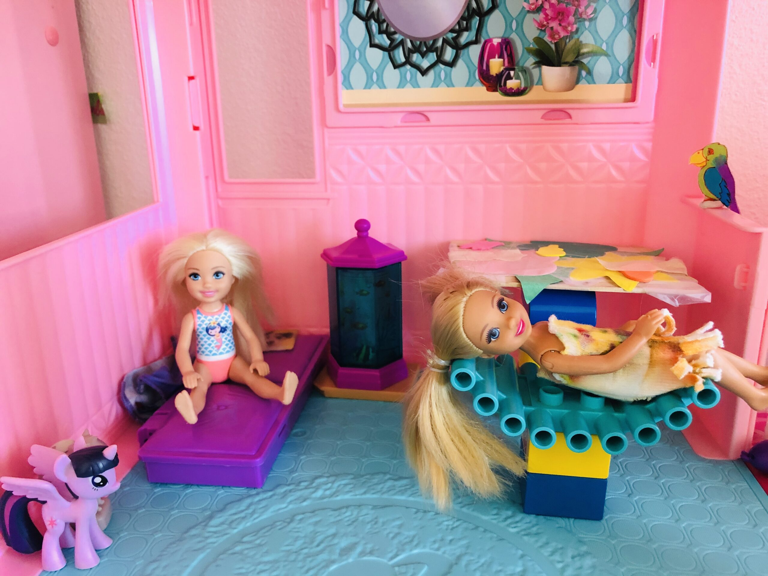 2 Chelsea Dolls, Barbies, in the Barbie Dreamhouse.