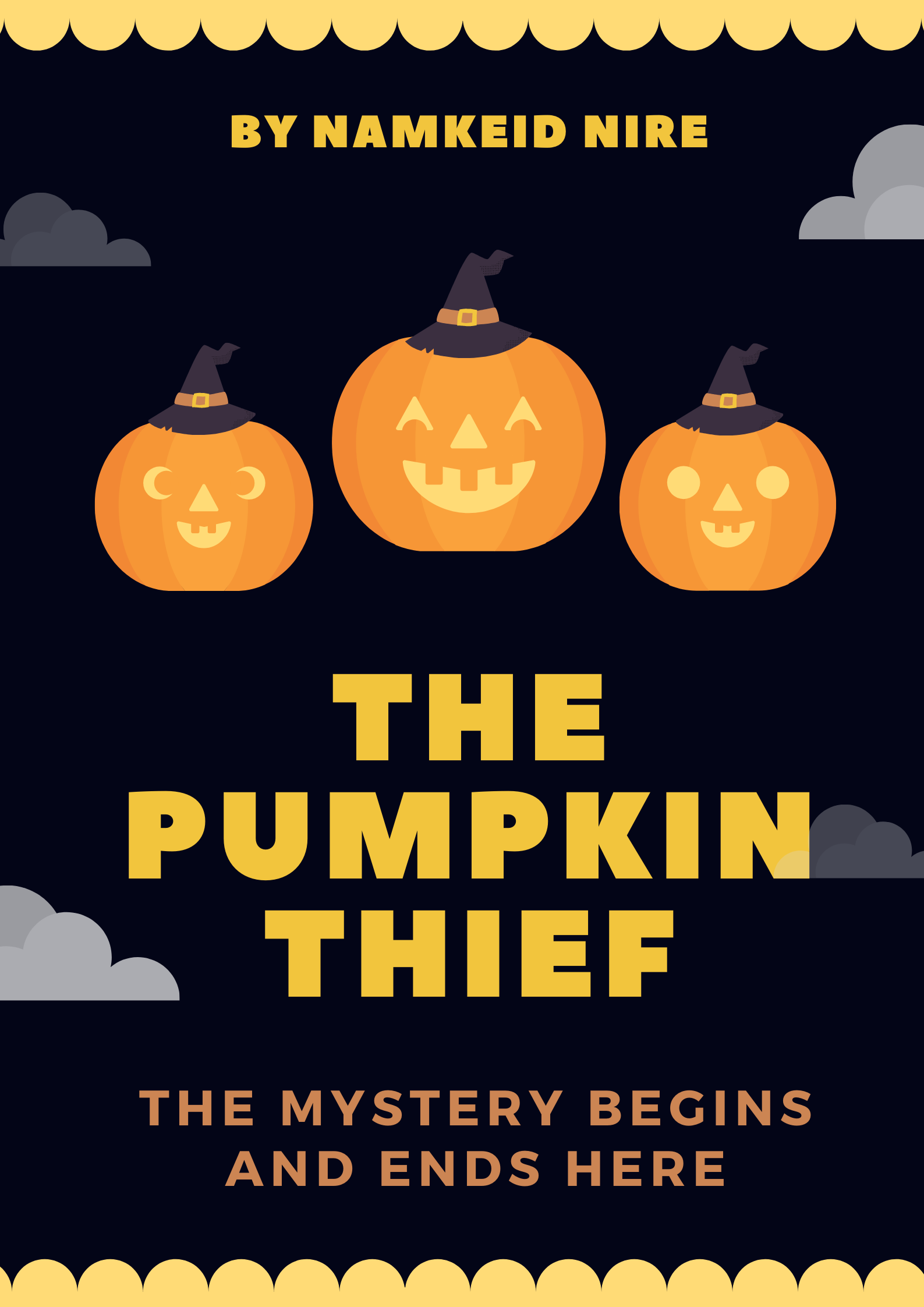 The cover for the detective story for the The Case of the Pumpkin thief. Black background with bright orange pumpkins.