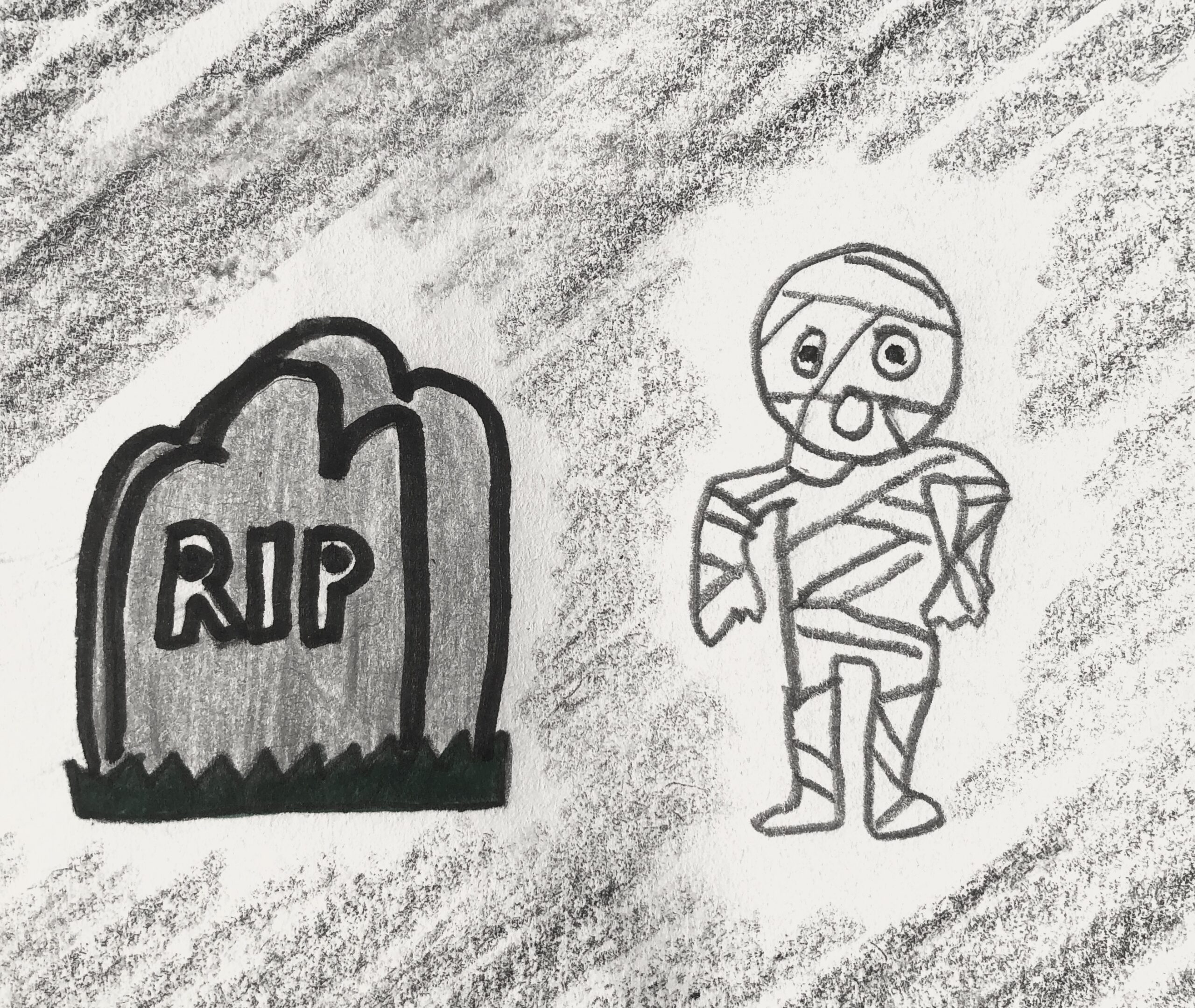 Detective story drawings of halloween decorations, a tombstone and a mummy.