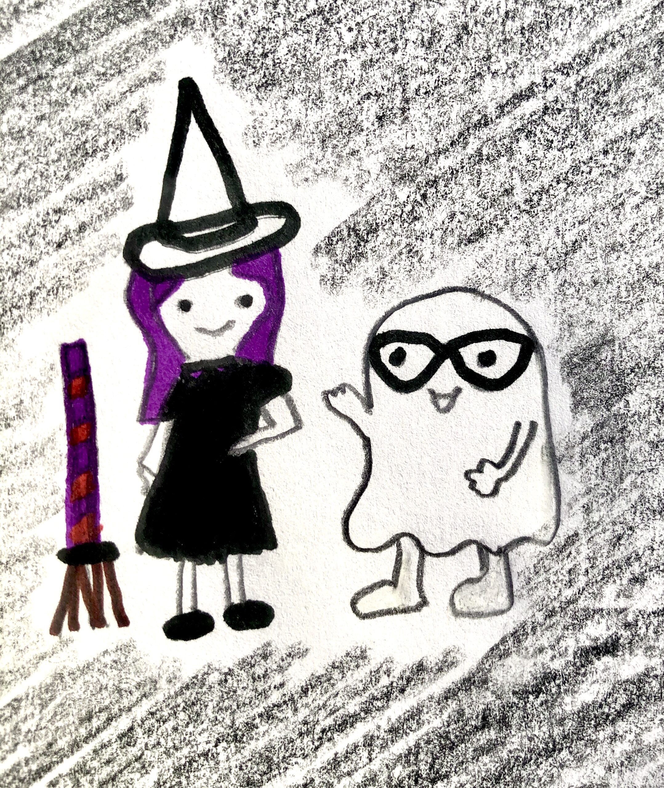 Drawing of a witch with purple hair and a black dress and a ghost with glasses.