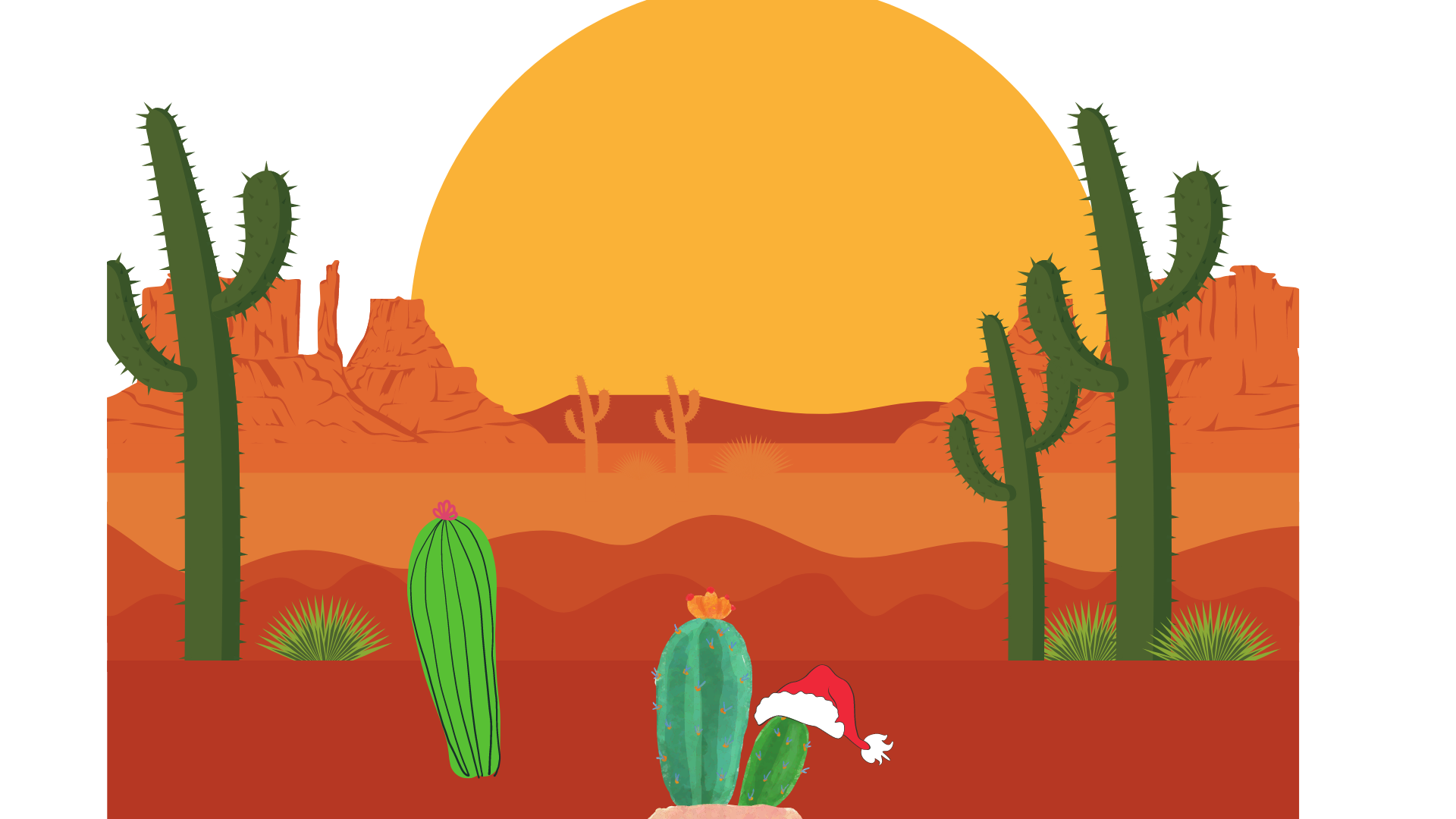 Desert picture with lots of cacti and one has a Santa hat on. It's for the Christmas Story, The Legend of the Christmas Cactus.