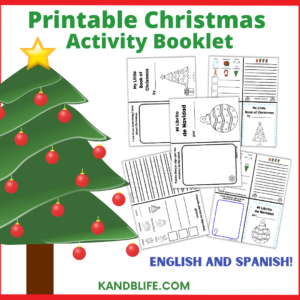 A Christmas tree with sample pages for the Printable Christmas Activity Booklet.