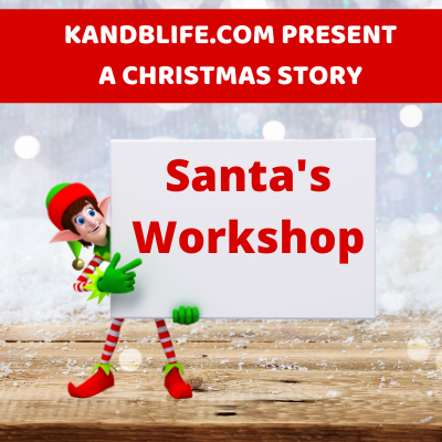Featured Image for a Christmas Story. And elf holding a sign that says Santa's Workshop.