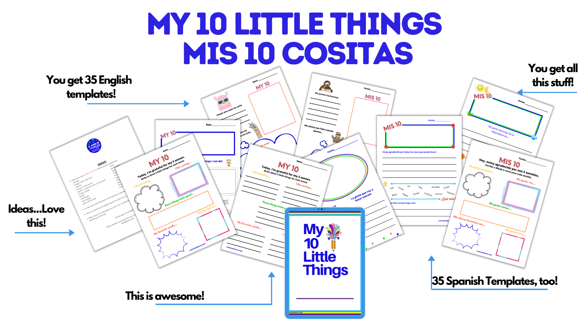 Sample pages for the English and Spanish gratitude journal, My 10 Little Things.