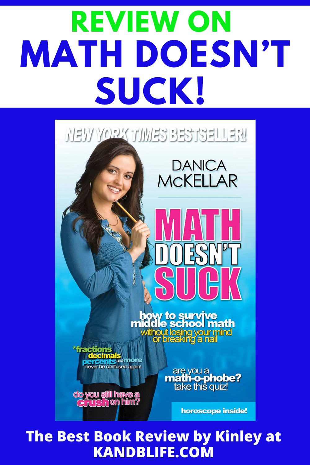 A blue and lime green book cover for a Review on Math Doesn't Suck