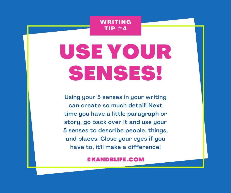 A blue background with a white sticky note on it with a writing tip for kids on it.