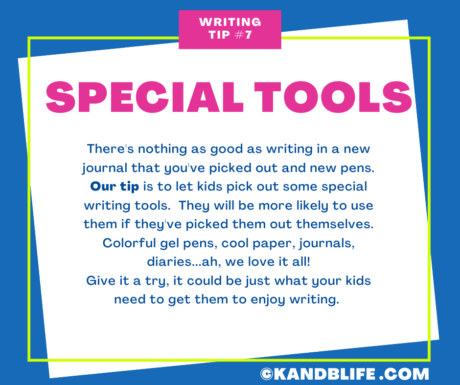 A blue background with a white sticky note on it with a writing tip for kids on it.