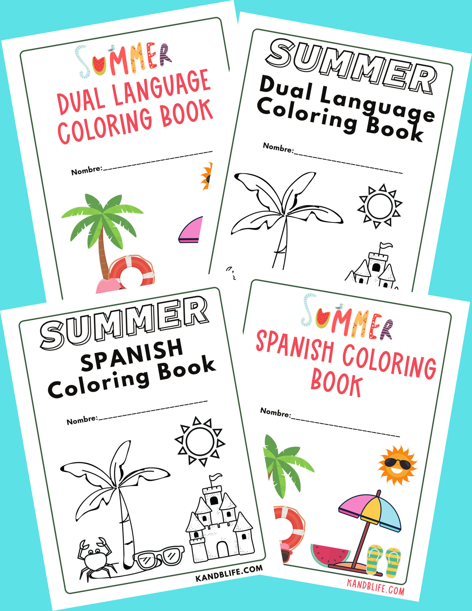 Cover display for the Summer Spanish and Dual Language Coloring Books. 2 are in color and 2 are in black/white.