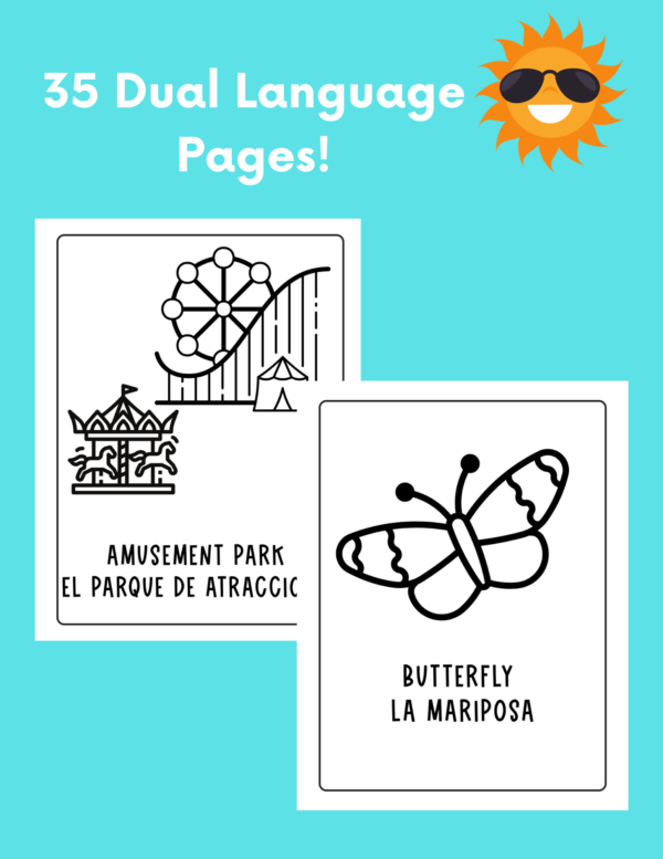 2 sample pages of coloring pages with spanish and English vocabulary on them against a light blue background.