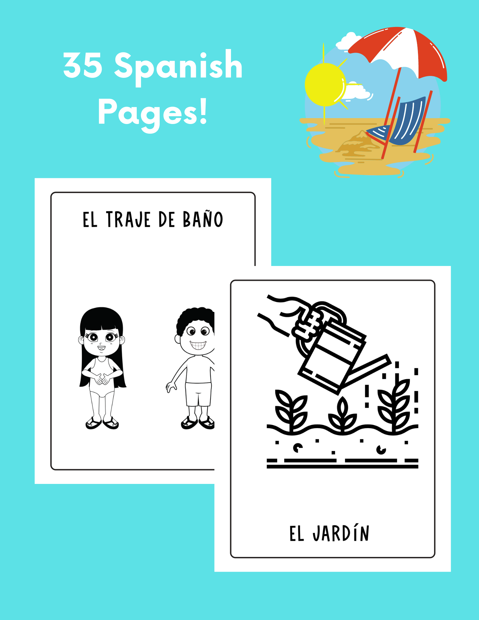 2 sample pages of coloring pages with spanish vocabulary on them against a light blue background.