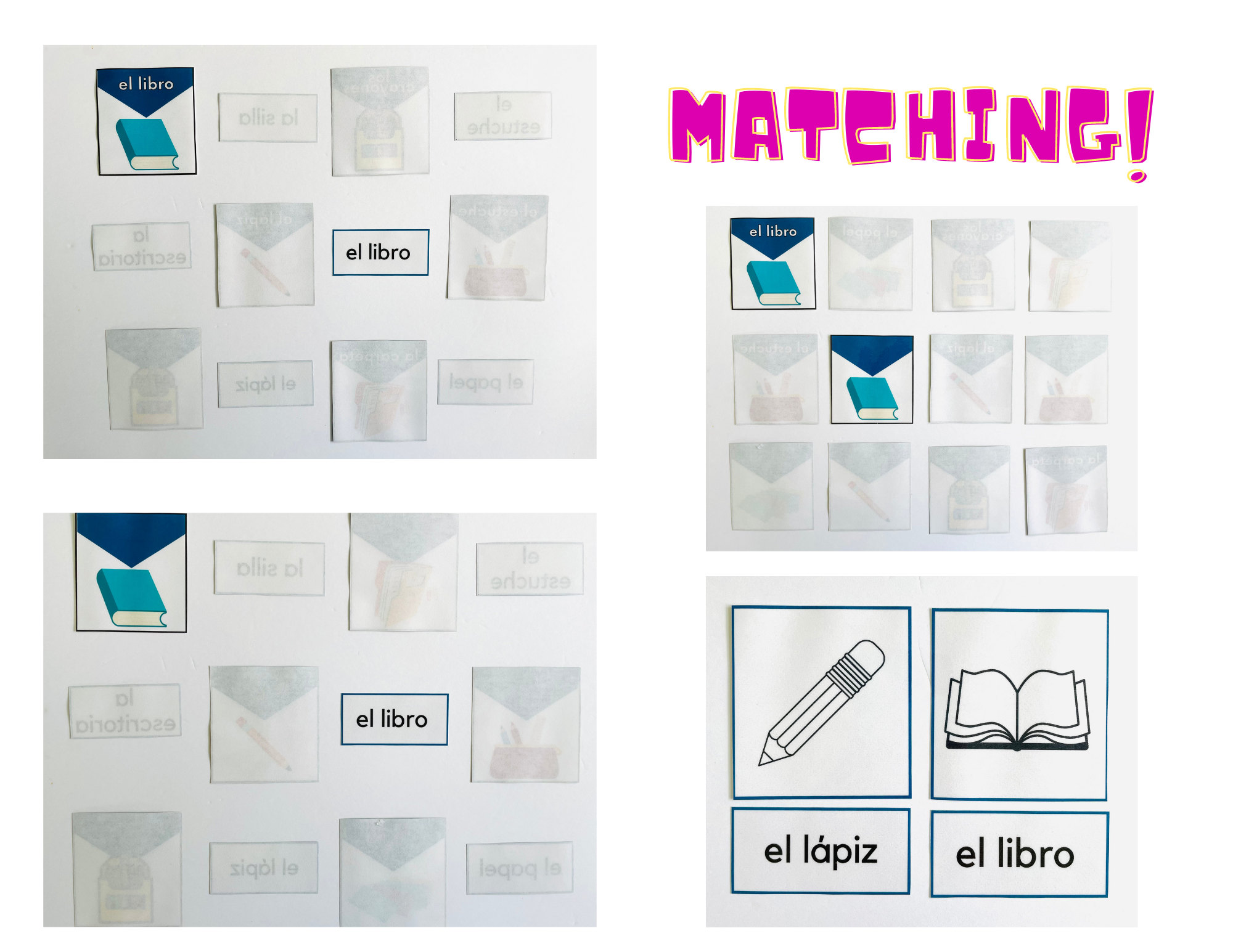 Matching examples for kids to play using the Back to School Spanish Vocabulary Cards by KANDBLIFE.COM