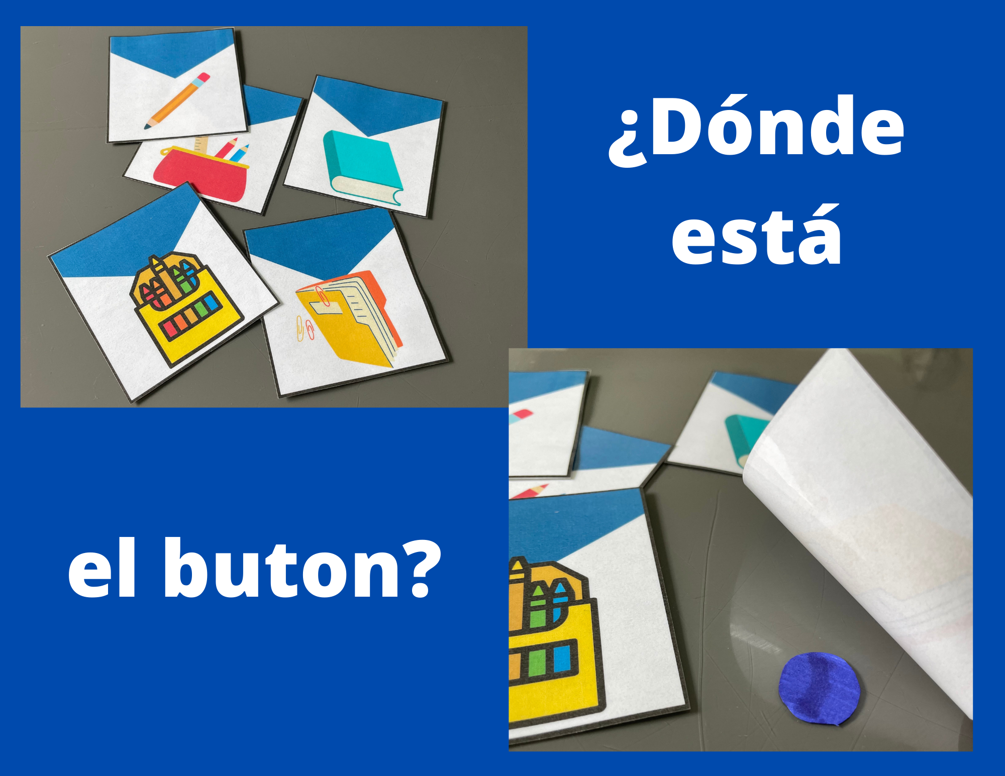 A picture of a game called, "¿Dónde está el buton?" or "Where's the button?"