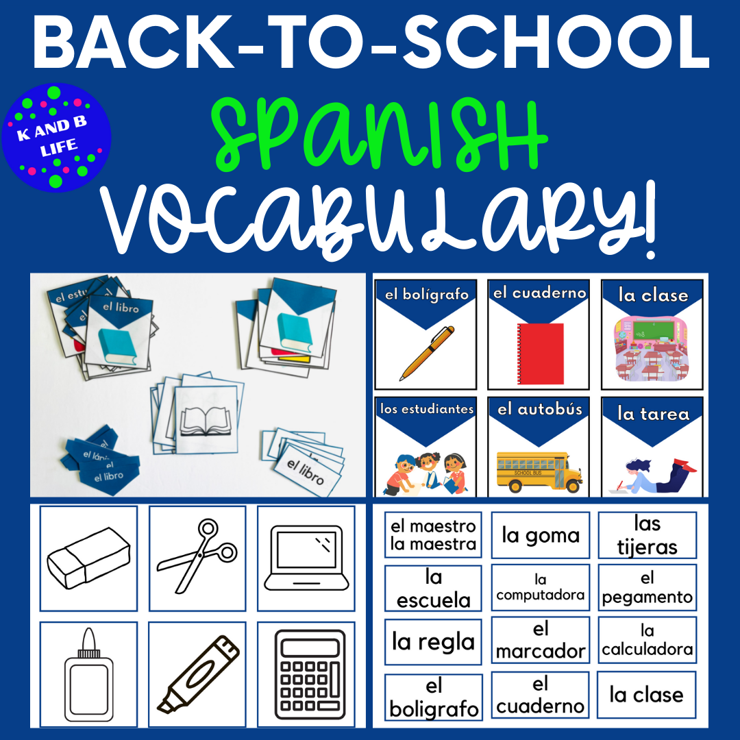 Cover for Back-to-School Spanish Vocabulary Cards. Sample pages from the product from K and B Life. https://kandblife.com